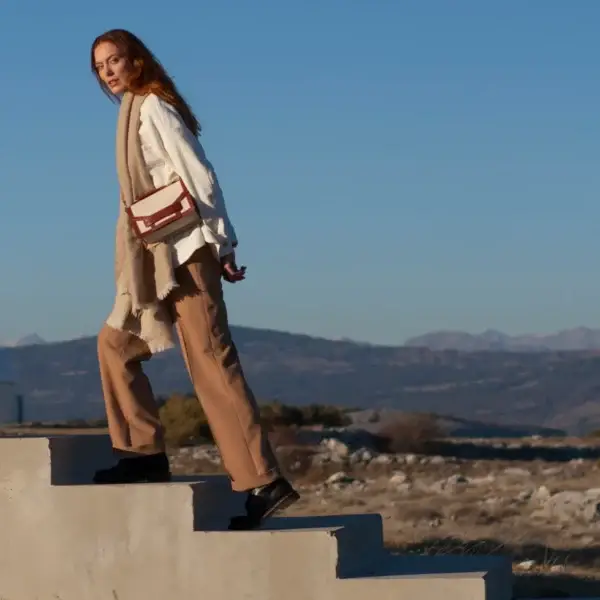 bordeaux Alca Burgundy Ostrich Leather And Linen Flap Bag for wholesale on Faire6