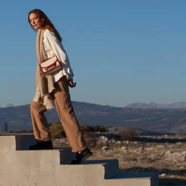 bordeaux Alca Burgundy Ostrich Leather And Linen Flap Bag for wholesale on Faire6