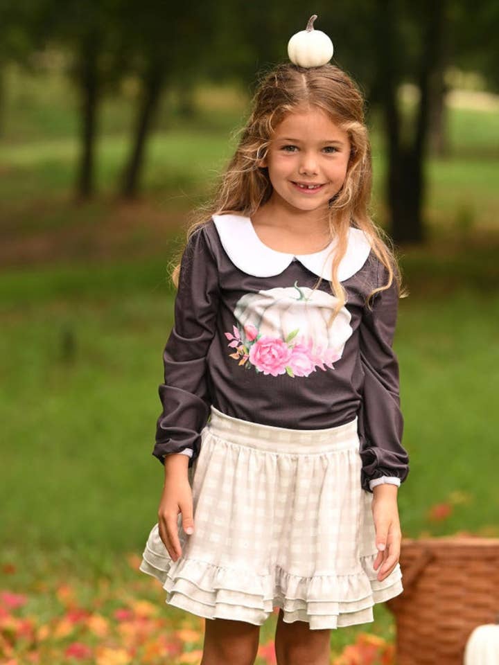 Vêtements d'automne pour enfants - Jupe-short Annie à volants - Gingham Café au Lait pour la vente par Sugar Bee Clothing