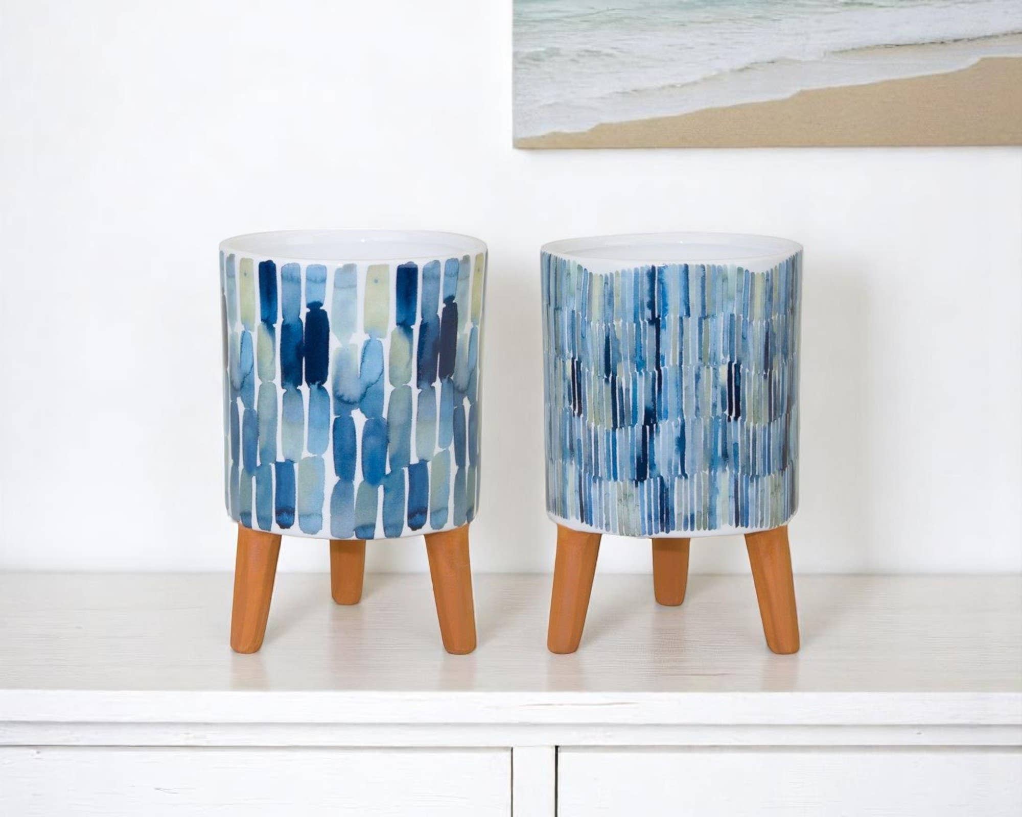 HomeRoots - Vente Pot pour plante d'intérieur - Ensemble de deux pots de fleurs ronds surélevés en céramique blanche et terre cuite bleue de 2 onces1