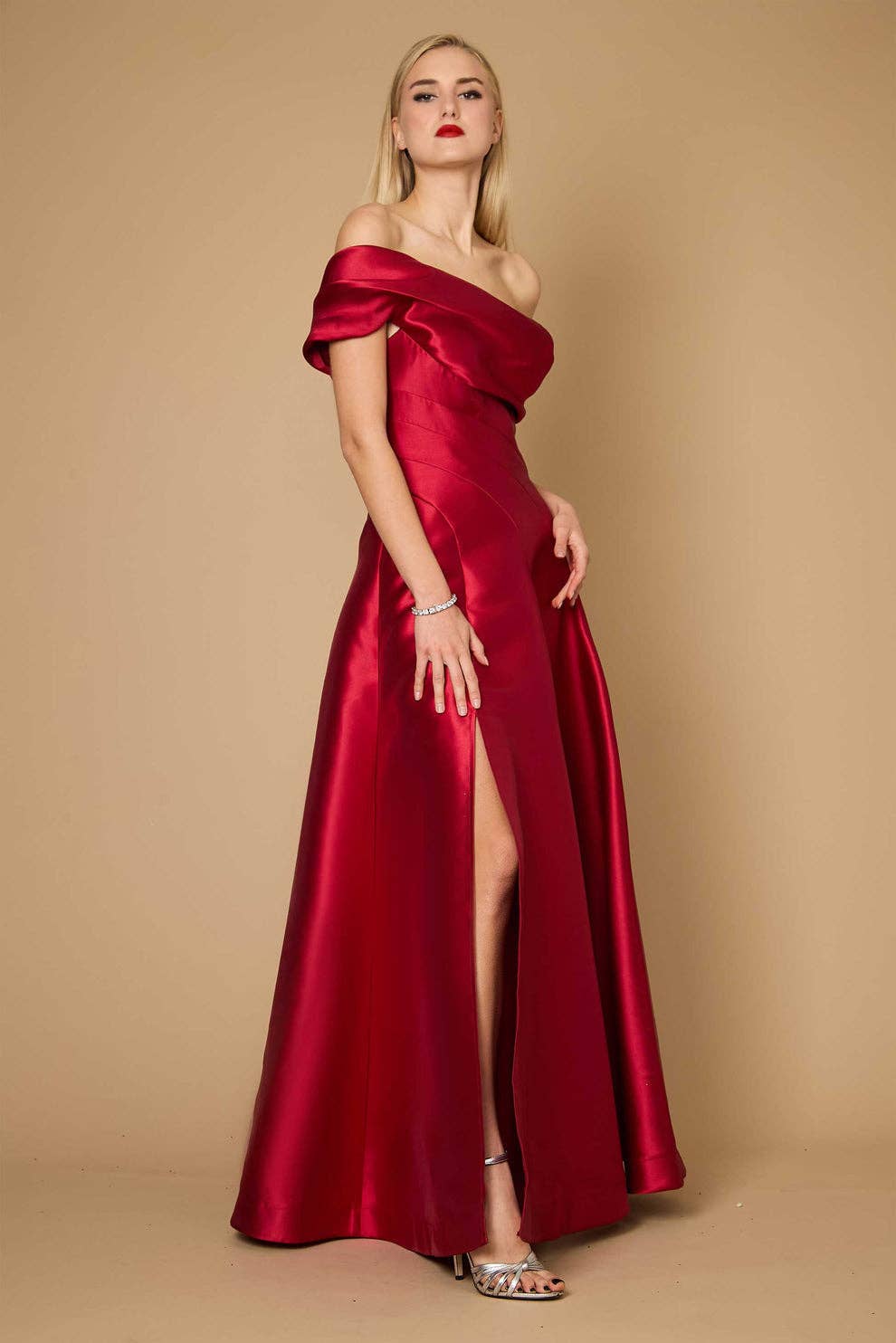 Kos Couture - Wholesale Gown - Women's - Classy Satin One-Shoulder Long Gown A Line with Slit0