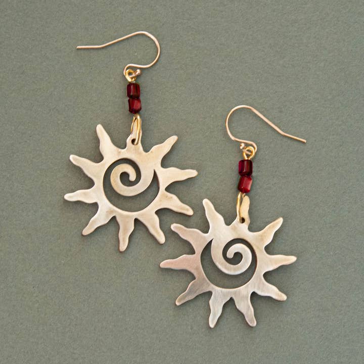 Brass Swirl Sol Earrings with Red Beads for wholesale by Pepper You