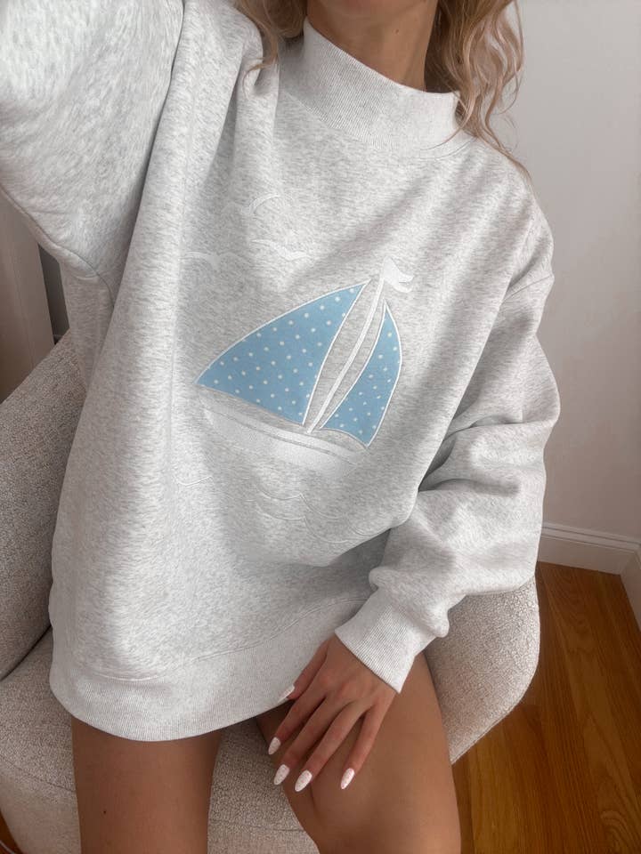 Sunkissed Coconut - Wholesale Sweatshirt - Women's - Polka Dot Sailboat Embroider Mockneck Sweatshirt3