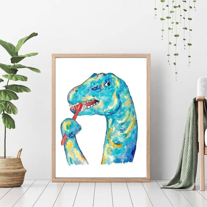 Goodfairyart – Engroshandel Kunsttryk – Brontosaurus Børstning Tænder Dinosaur Maleri Akvarel1