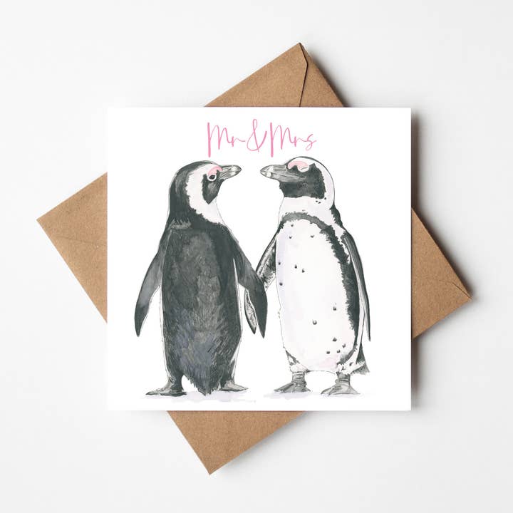 Mr & Mrs Penguin, Square, fiançailles, mariage, anniversaire de mariage, vers pour la vente par By Antonia Illustration
