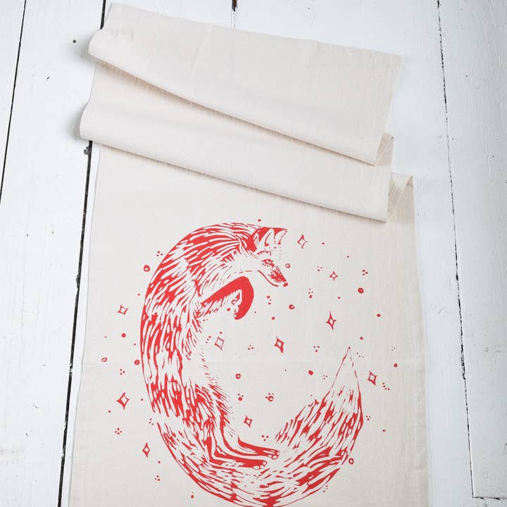 Hearth and Harrow - Wholesale Tea Towel - Organic Cotton Celestial Fox Tea Towel in Red - Animal Print