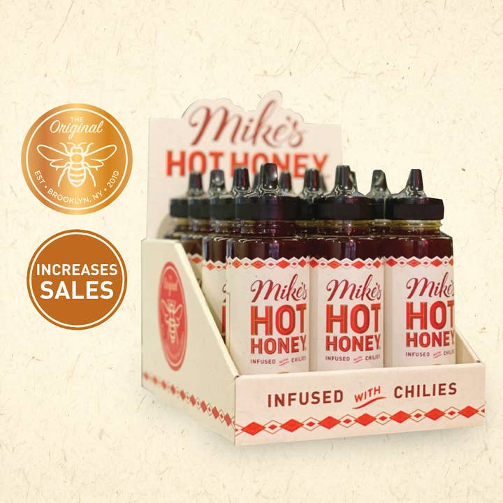 Counter Display + 12 Mike's Hot Honey Squeeze Bottles for wholesale by Mike's Hot Honey