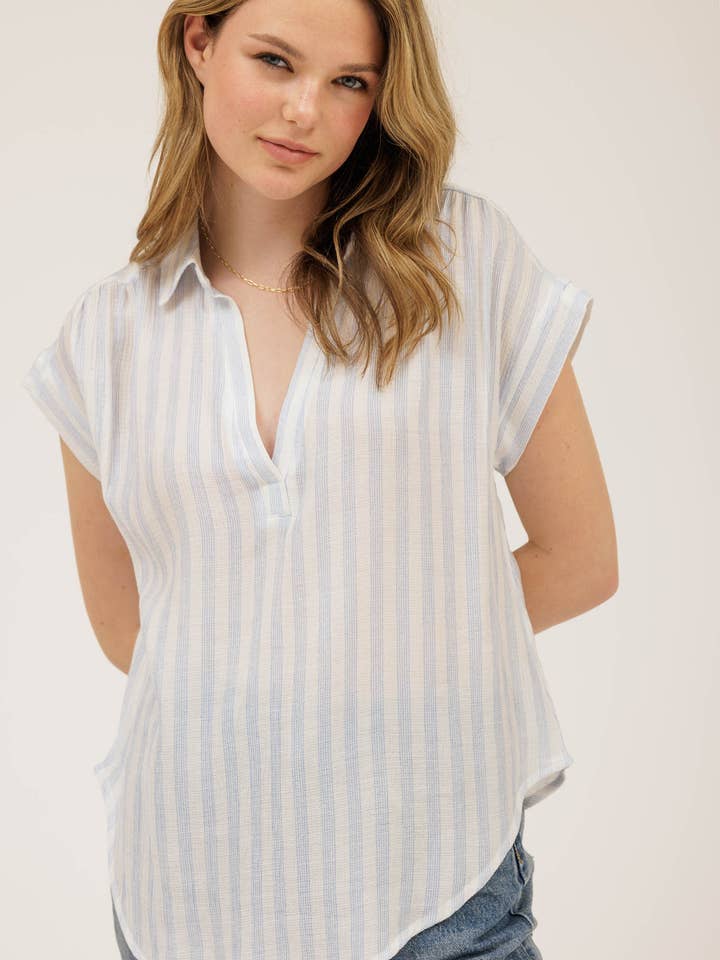 Blu Pepper - Wholesale Blouse - Women's - STRIPE COLLARED CUFF SLEEVE LIGHTWEIGHT SHIRT