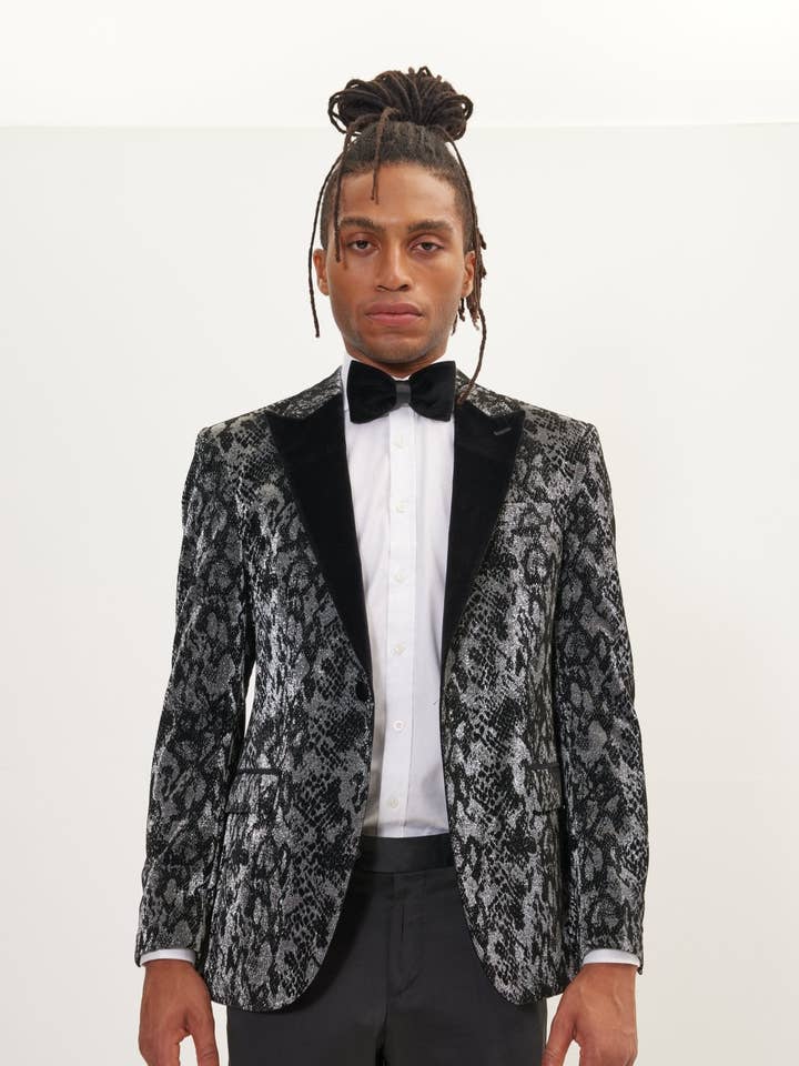 Men's Metallic Velvet Flocking Tuxedo Jacket- Silver for wholesale by Ron Tomson