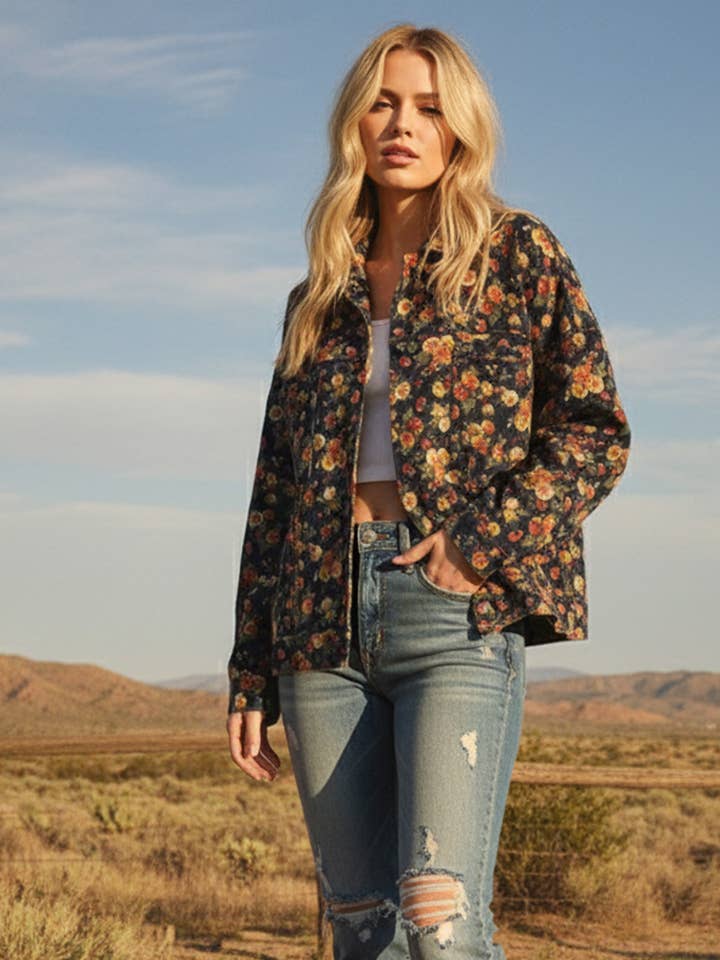 Chaqueta vaquera de sarga con estampado floral para venta al por mayor de Sewn and Seen