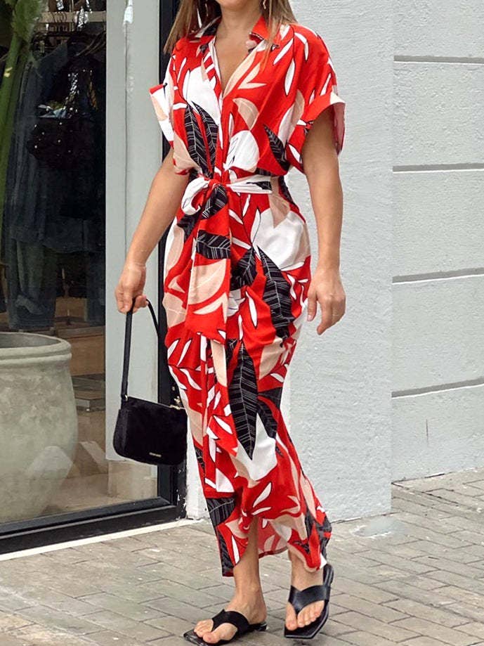 HIDDENBRAND - Wholesale Dress - Women's - Fashion Print High-Waisted Jump-Sleeved Shirt Dress4