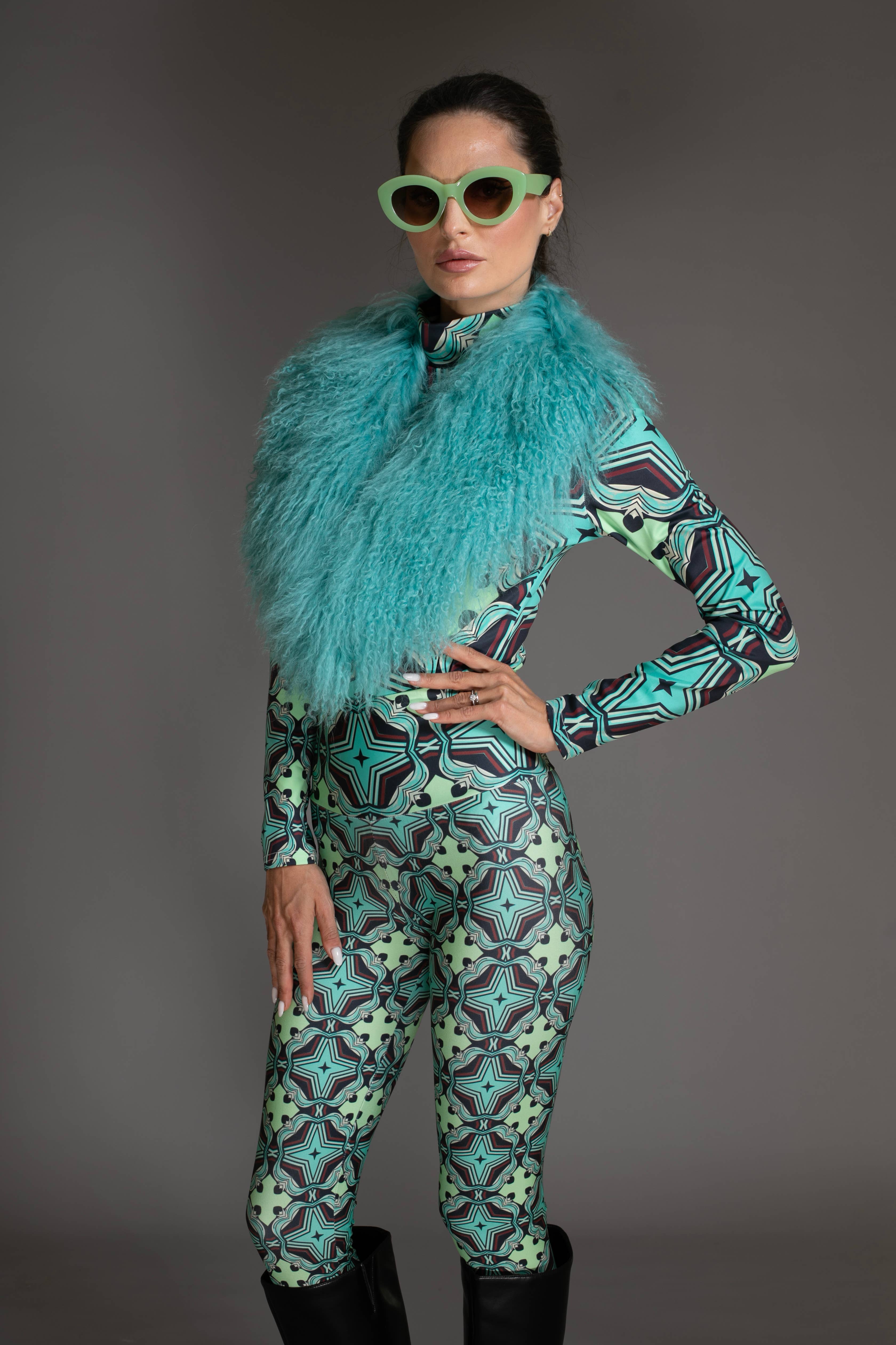 Nuvula - Wholesale Fur/Faux Fur Coat - Women's - Turquoise Mongolian Sheared Wool Collar  2