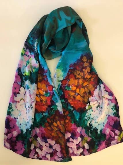 Teal Phlox Silk Scarf for wholesale by NINA J