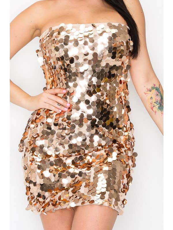Kimcine - Wholesale Dress - Women's - KD9618-Mesh Round Spangle Sequins Tube Mini Dress
