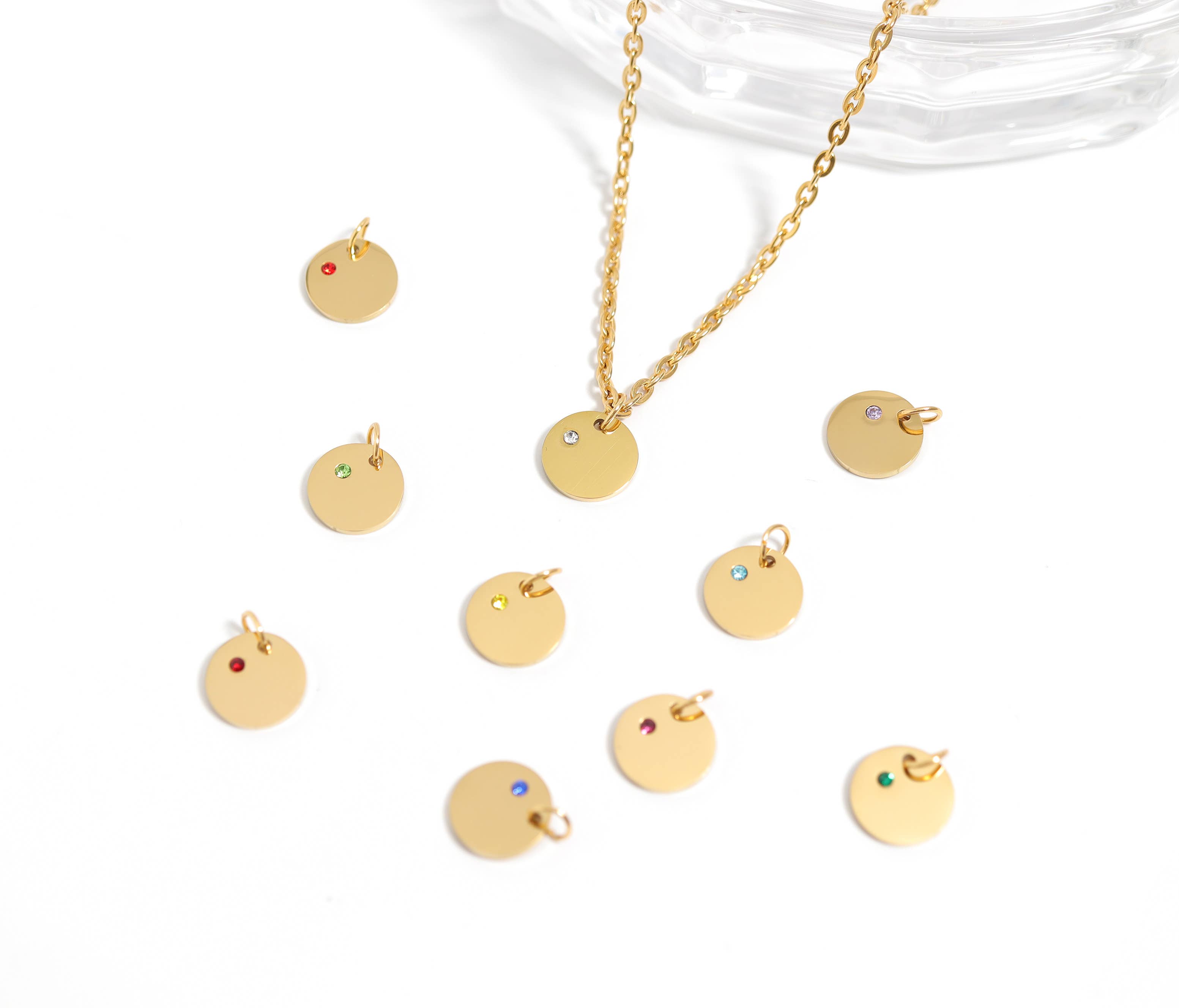 WJW - Vendita all'ingrosso Ciondolo/pendente - Charm rotondo da incidere con pietra di nascita, acciaio inox PVD oro 18K20