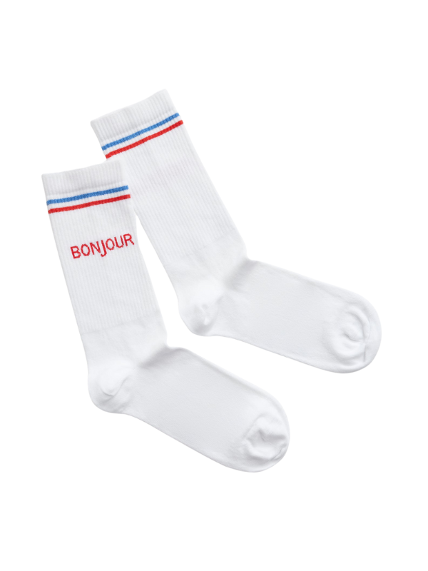 Natural Vibes - Wholesale Socks - Unisex - Bonjour Socks - White Crew Socks with Stripes and Text4