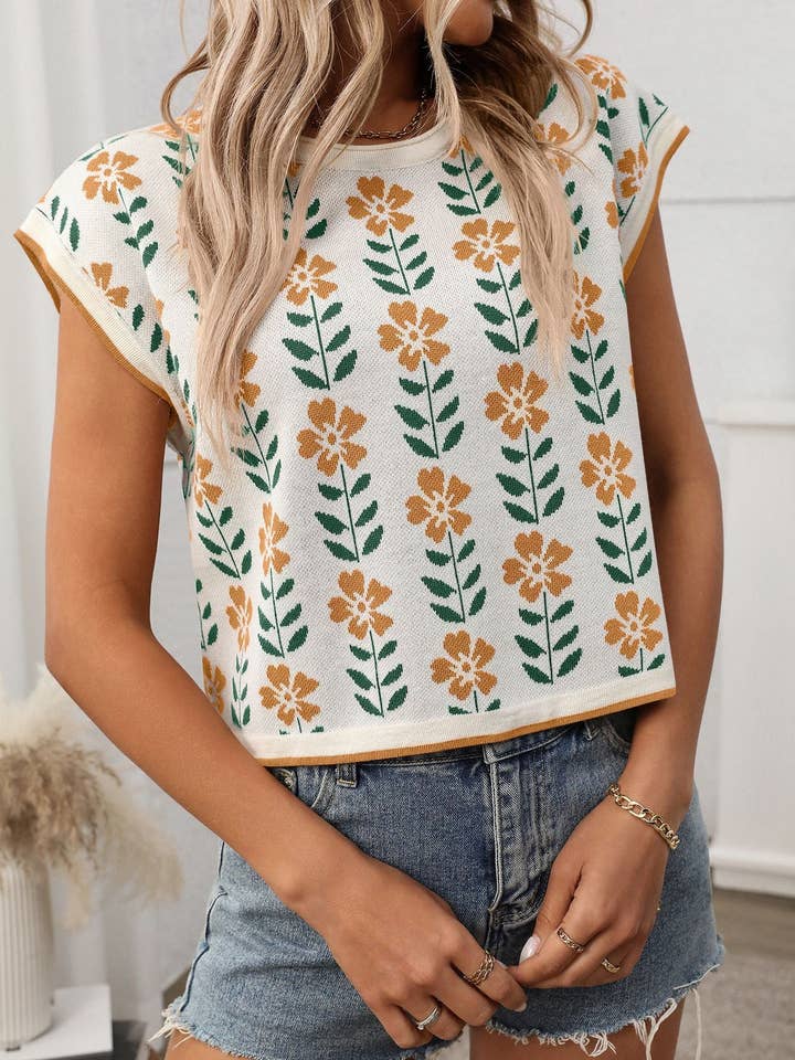 Lovesoft - Wholesale Knit Sweater - Women's - Retro Floral Knit Crop Top Short Sleeve Vintage Pullover Tee