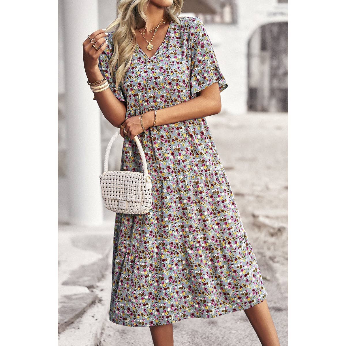 Supreme Fashion – wholesale Dress – Women's – Boho Floral Ruffle Hem V Neck Short Sleeve Dress10