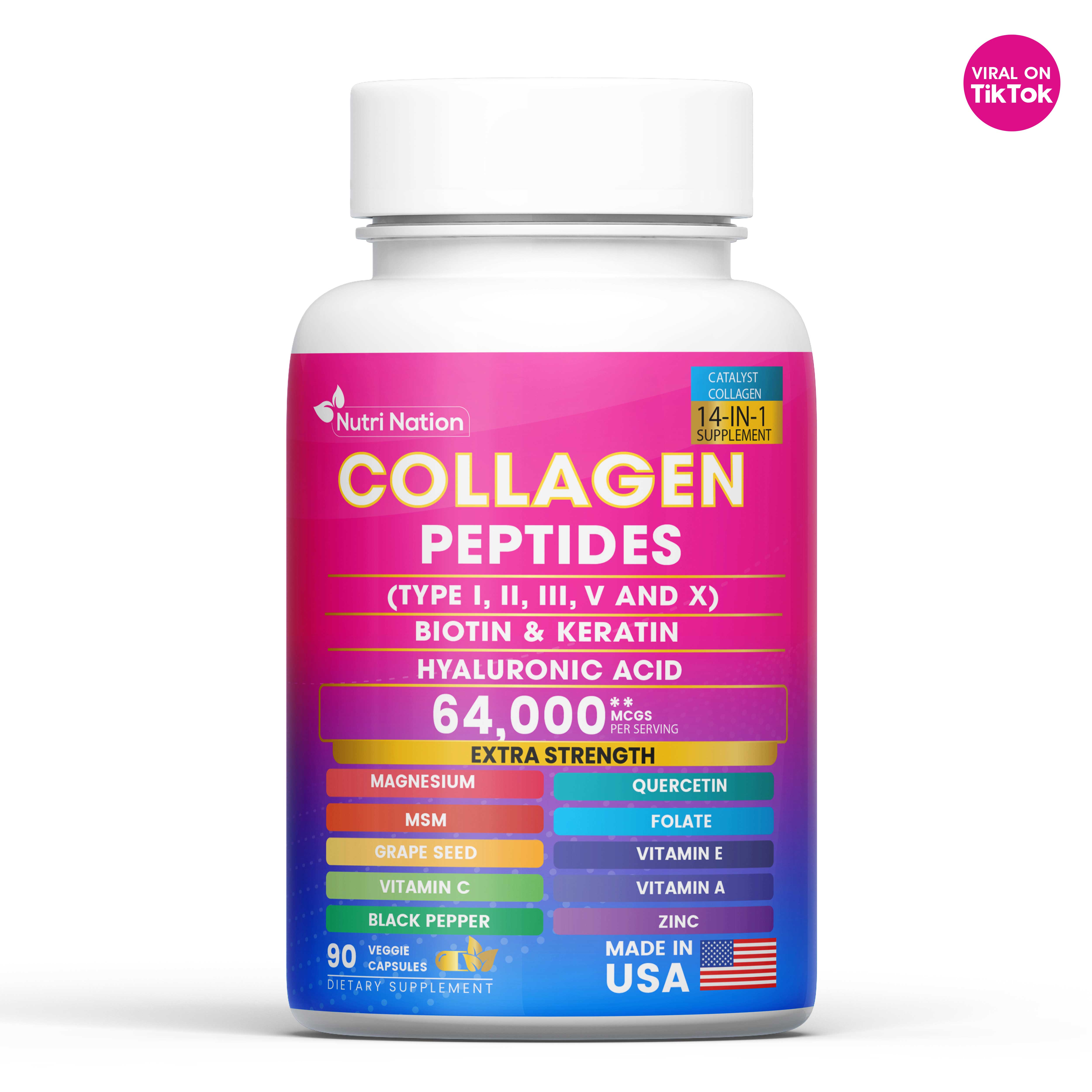 Nutri Nation – Großhandel Nahrungsergänzungsmittel/Vitamin zum Einnehmen – Kollagen-Peptid-Kapseln, Typ I, II, III, V & X Biotin Keratin Hyaluronsäure MSM Vitamin C, E & A, Folsäure Zink Magnesium mit Traubenkernextrakt, Quercetin (90 Kapseln)6