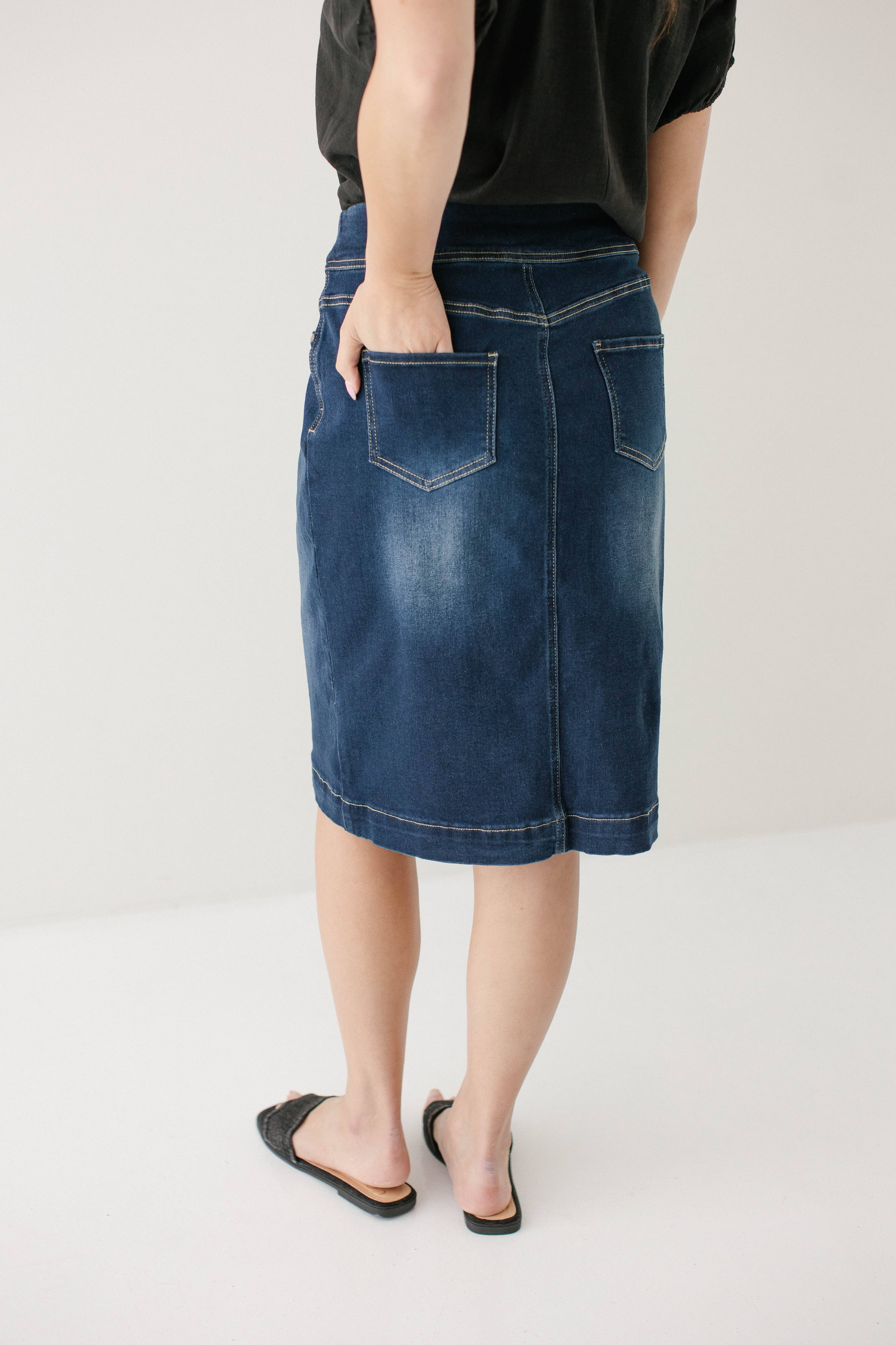 'Sara' Classic Knee Length Dark Denim Skirt for wholesale on Faire3