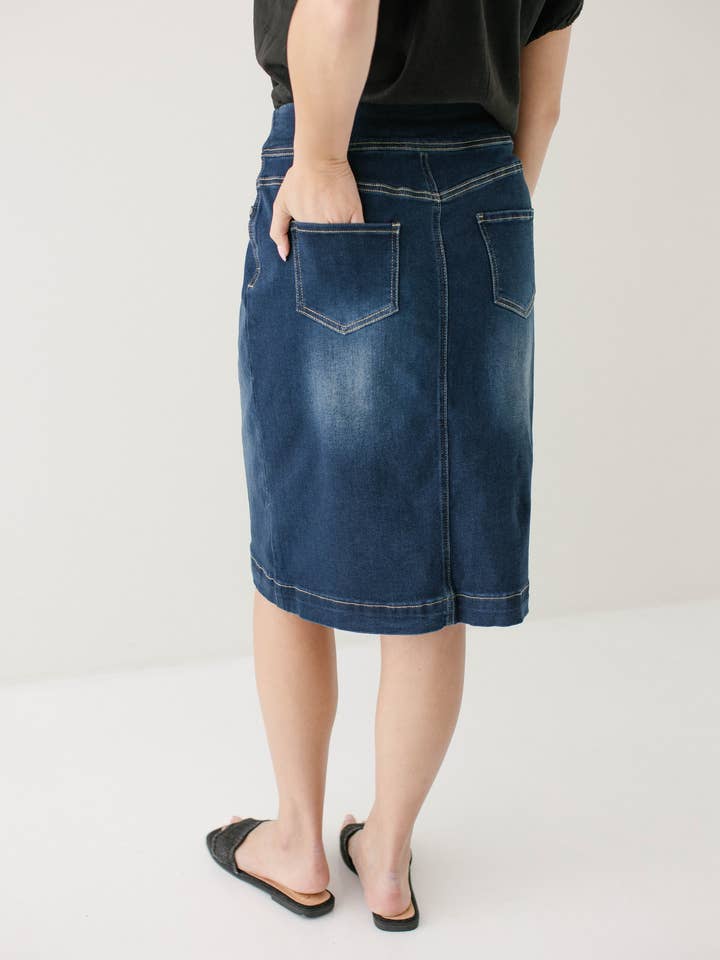 'Sara' Classic Knee Length Dark Denim Skirt for wholesale on Faire3