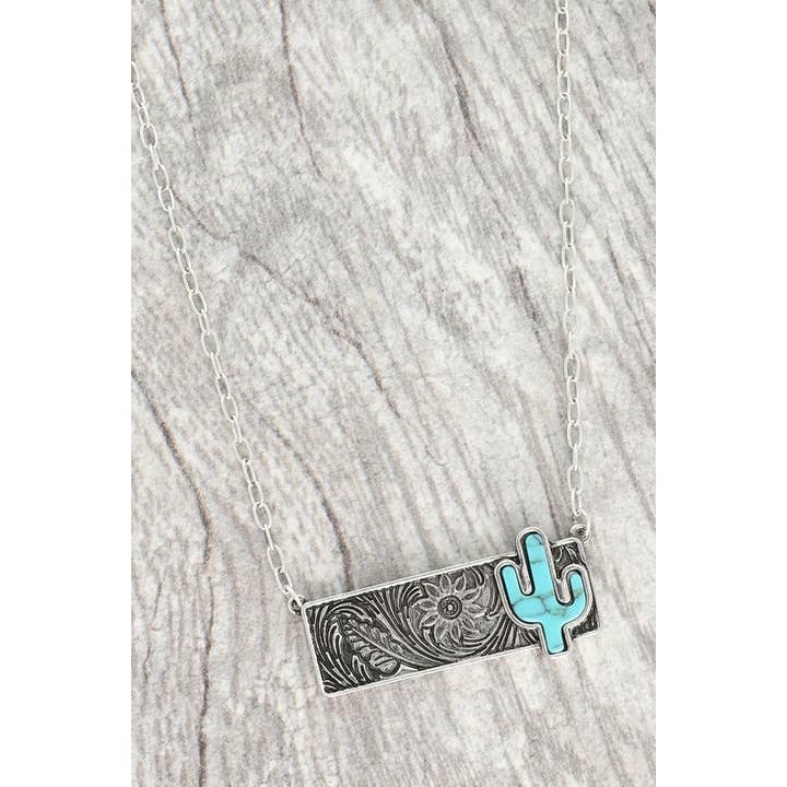 Sbtq WESTERN TURQUOISE CACTUS BAR PENDANT NECKLACE N13628 for wholesale on Faire