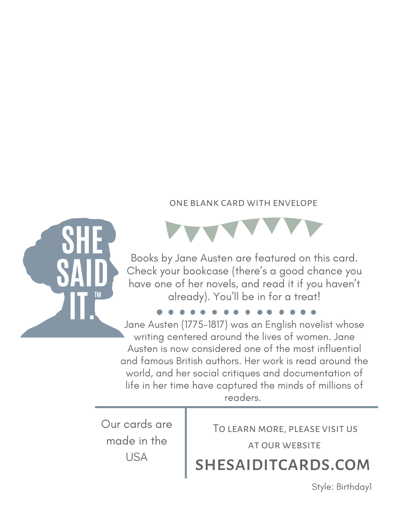 She Said It. - Vendita all'ingrosso Biglietti di auguri - Biglietto di auguri di compleanno ispirato a Jane Austen1