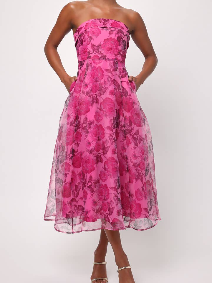 Elena Strapless Organza Midi Dress for wholesale by Lulus