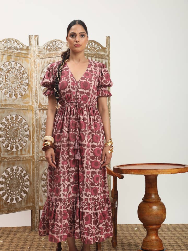 The Fox and The Mermaid - Wholesale Dress - Women's - Emelie Block Printed Dress (Wine) 4