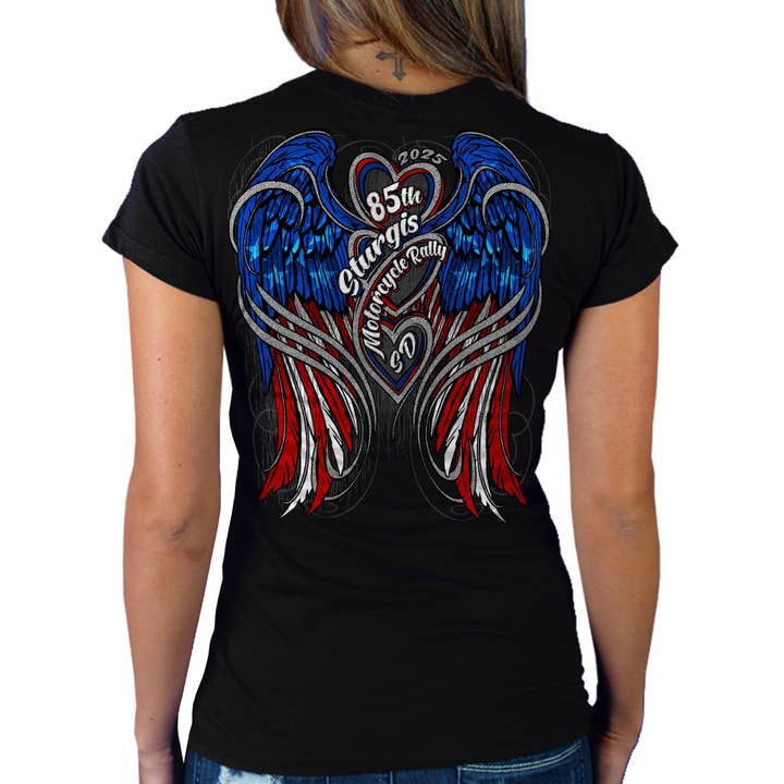 2025 Sturgis Motorcycle Rally Flag Heart Angel Black Ladies Tee for wholesale on Faire