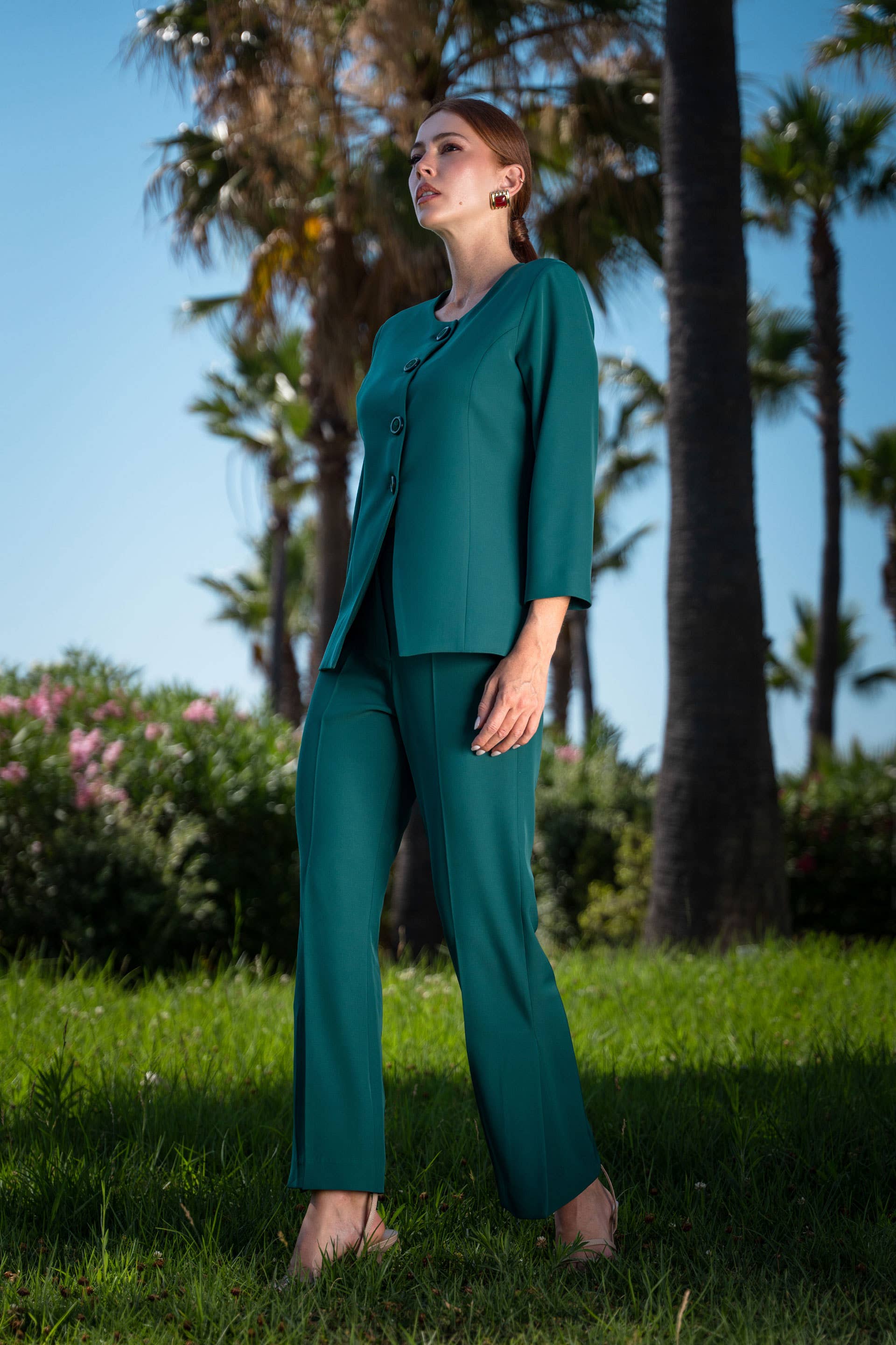 Green Classic flare trousers with overlapping slit detail 10404 for wholesale on Faire