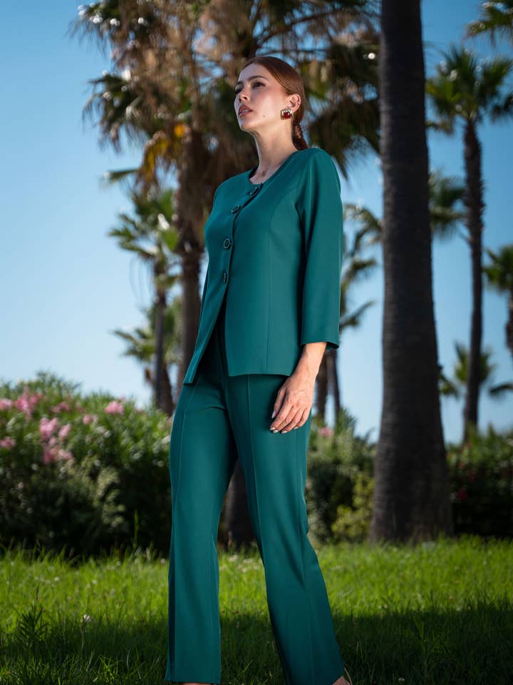 Green Classic flare trousers with overlapping slit detail 10404 for wholesale on Faire0