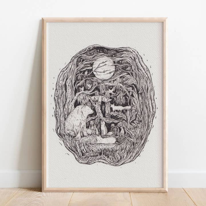 Bläckillustration av skogsdjur: Skogsinspirerad barnkammarekonst för wholesale av Helen Drake Illustration
