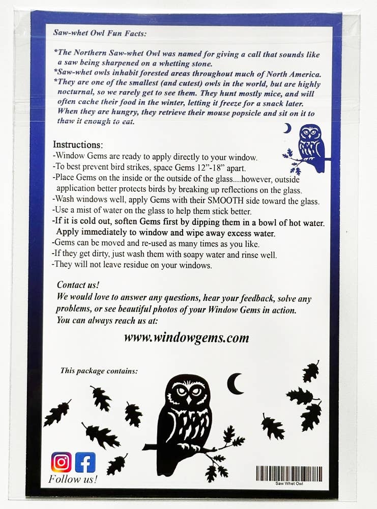 Window Gems – Suncatcher por atacado – Autocolantes de Janela com Coruja Saw-Whet - Prismas Captadores de Sol - Salve os pássaros5