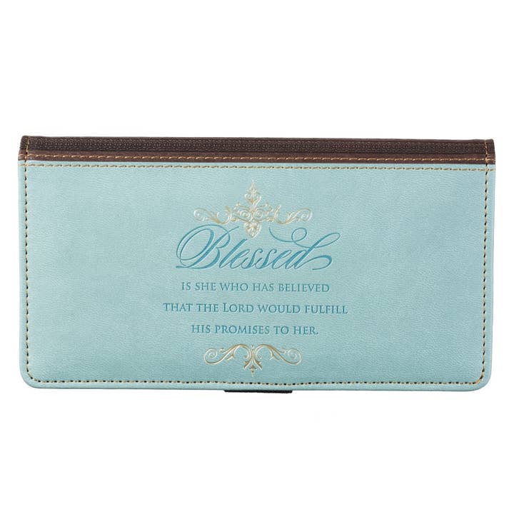 Christian Art Gifts - Wholesale Wallet - Women's - Checkbook Wallet Blue/Brown Blessed is She Luke 1:45