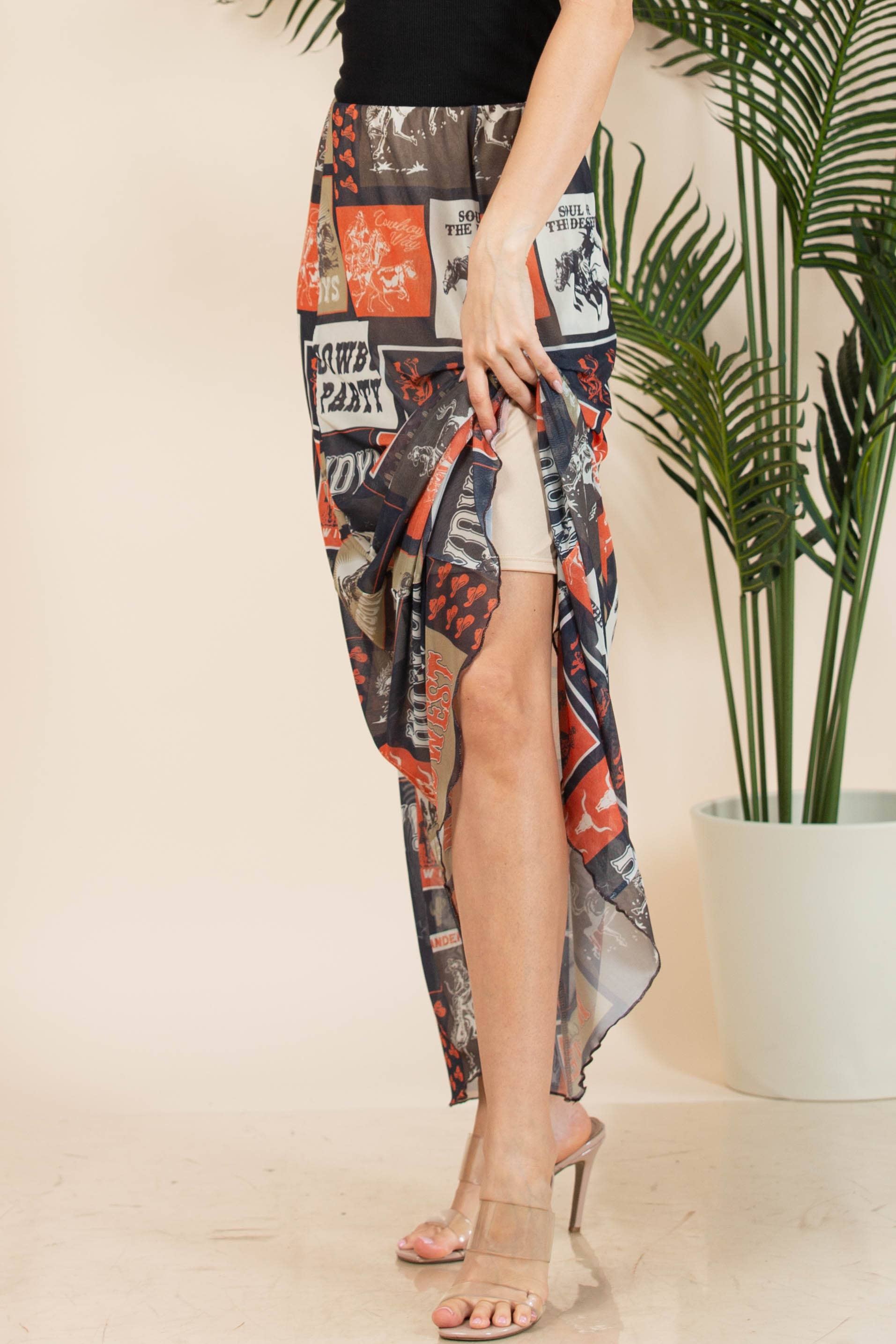 Rust Black AS1300-AGATHA WESTERN RODEO LINED FULL LENGHT MESH SKIRT  for wholesale on Faire6