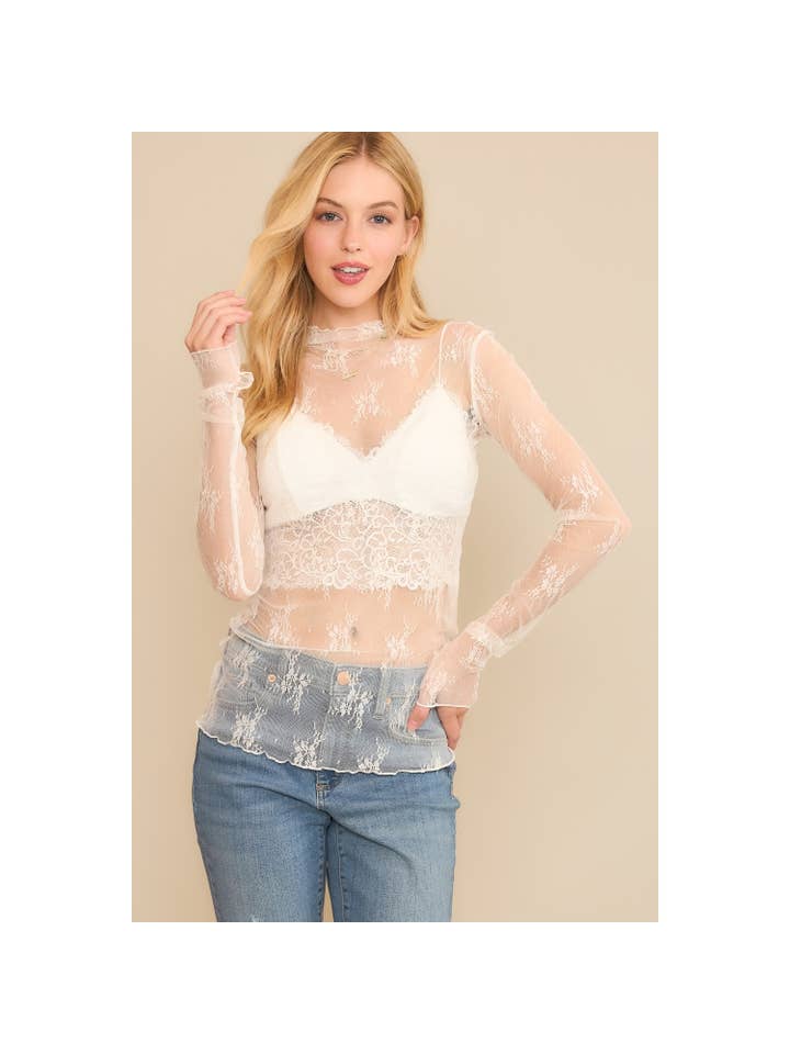 Sweet Generis - Wholesale Knit Top - Women's - MESH LACE HIGH NECK DESIGN LONG SLEEVE FITTED TOP6