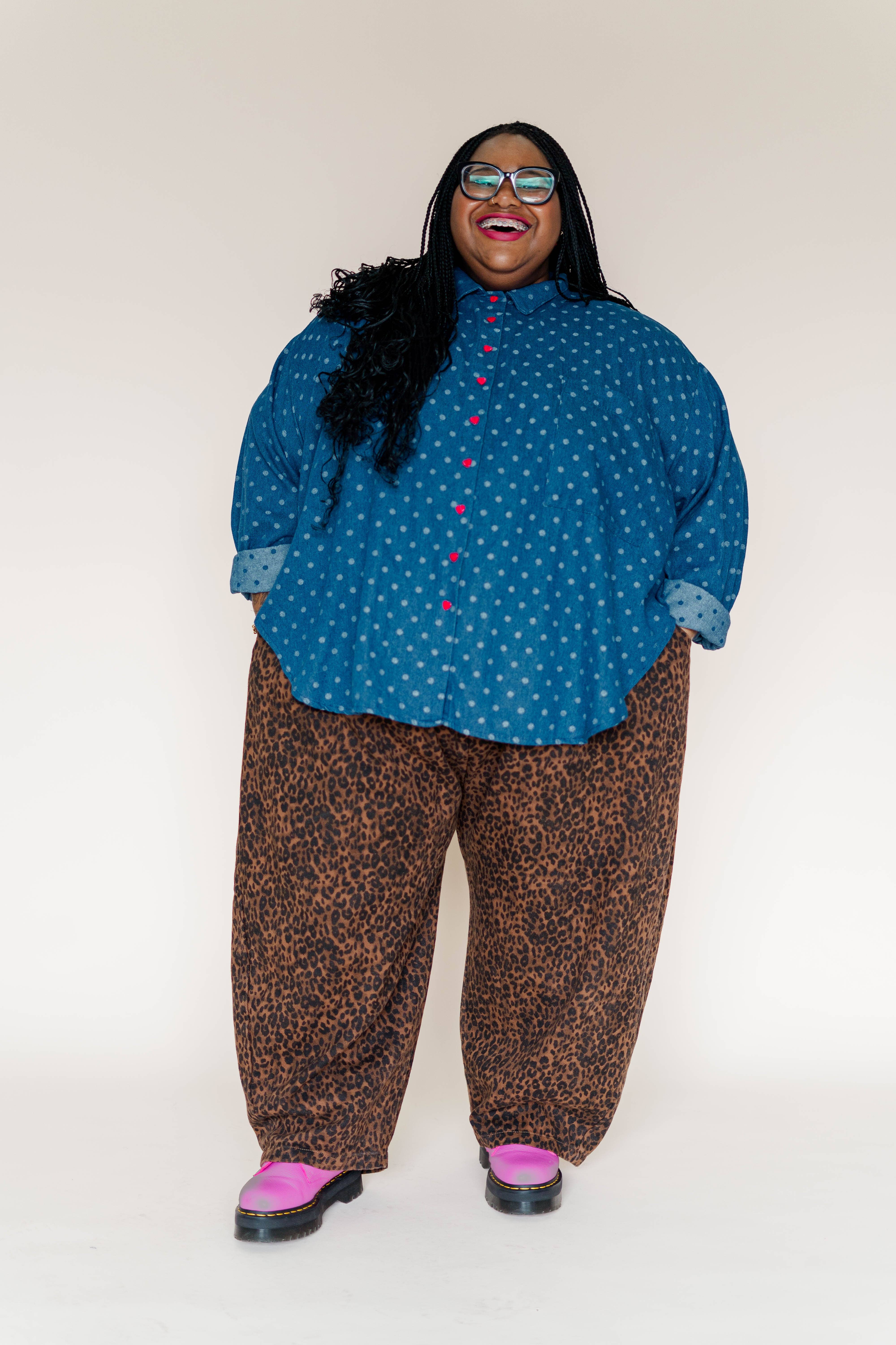 Nettle Studios - Wholesale Button Down Shirt - Women's - Size Inclusive Plus Size Polka Dot Denim Button Up Shirt