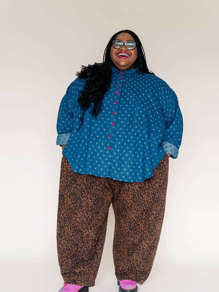 Size Inclusive Plus Size Polka Dot Denim Button Up Shirt for wholesale by Nettle Studios