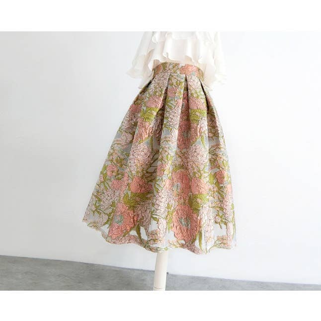 SK048Y Pink Floral Embroidered High Waist Organza Skirt for wholesale on Faire
