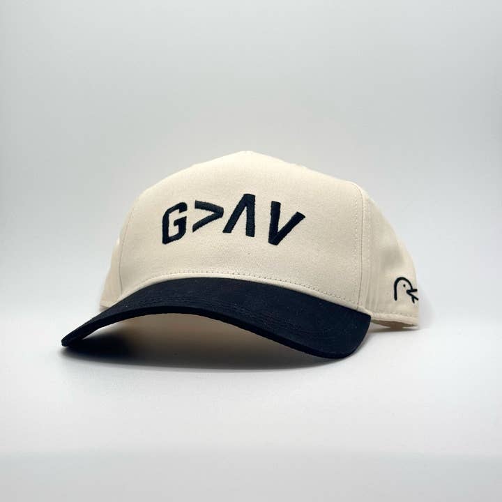 God is Greater Than the Highs and Lows, Black & Tan Trucker Hat for wholesale by Yappy Apparel