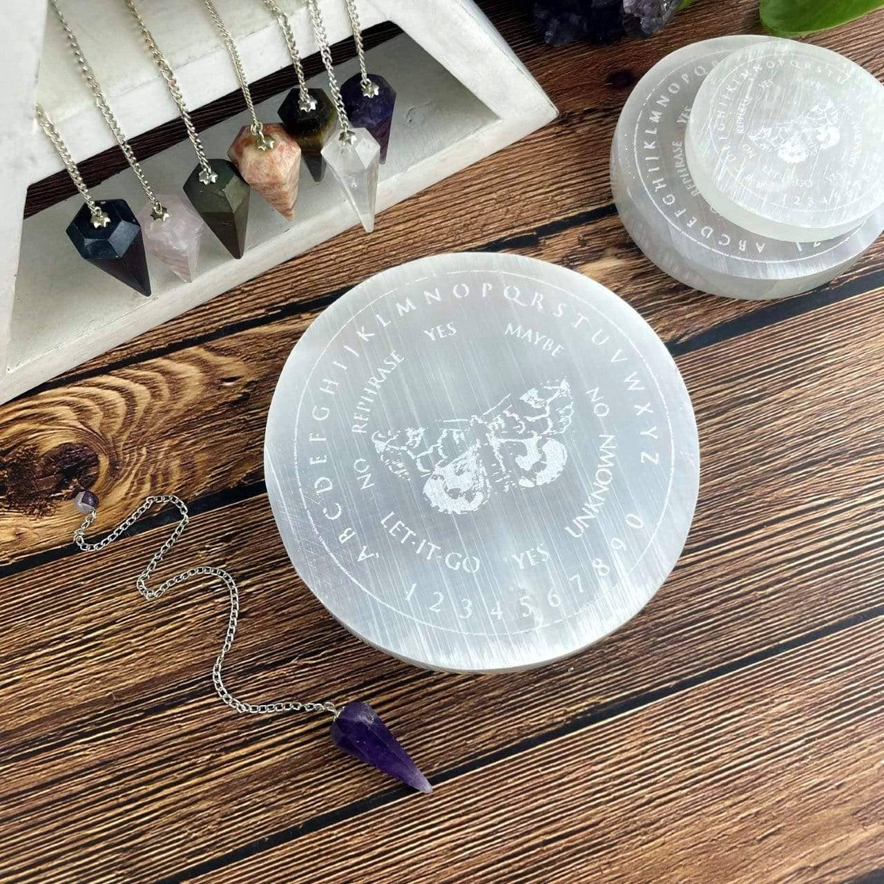 Rock Paradise - Wholesale Spiritual Stone/Crystal - Selenite Crystal Charging Plate with Moth Pendulum Board1