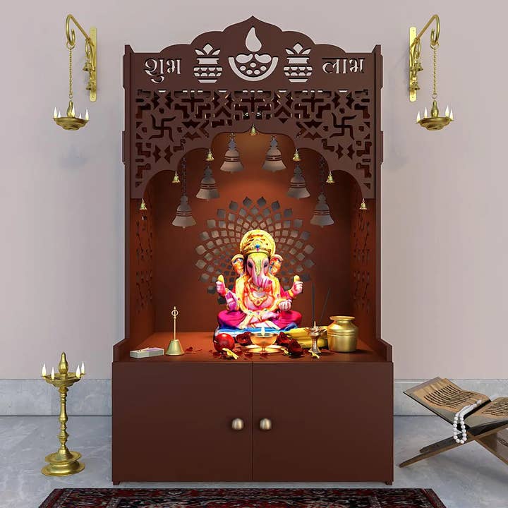 Wooden Temple With Shelf & Inbuilt Focus Light - Brown Color for wholesale by GoGlocal