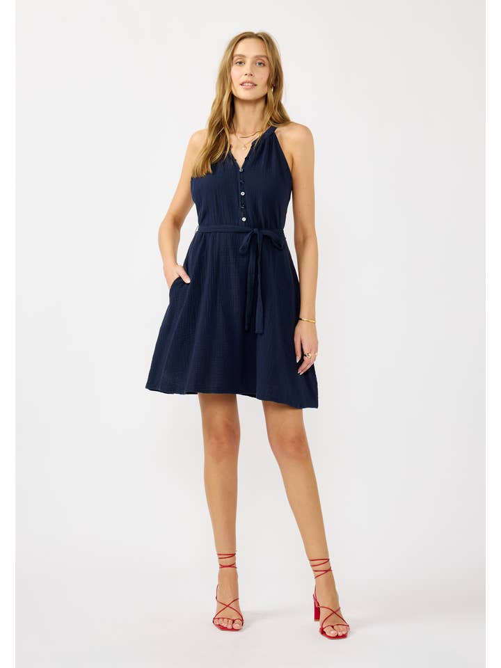 Midnight Sleeveless Button-Front Mini Dress with Waist Tie for wholesale on Faire4