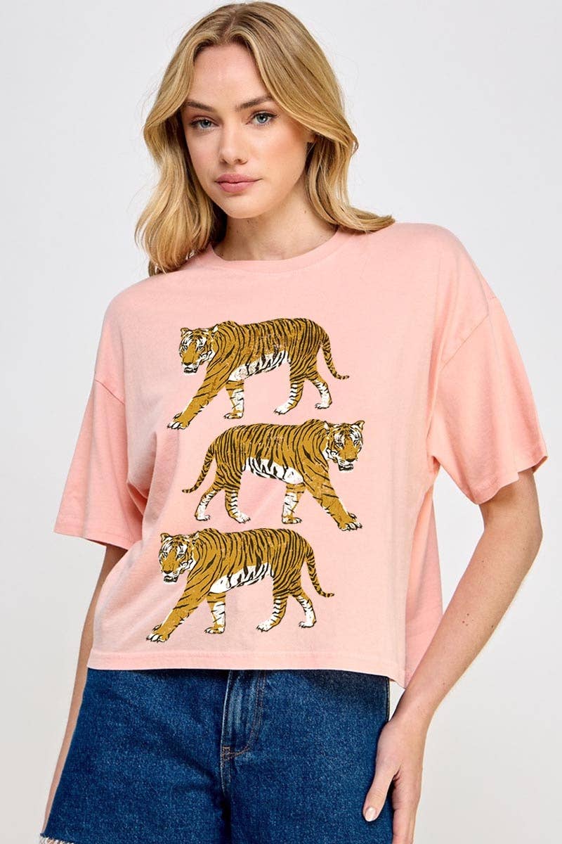 COLORBEAR - Venta al por mayor Camiseta estampada - Mujer - Top corto relajado gráfico de tigres retro2