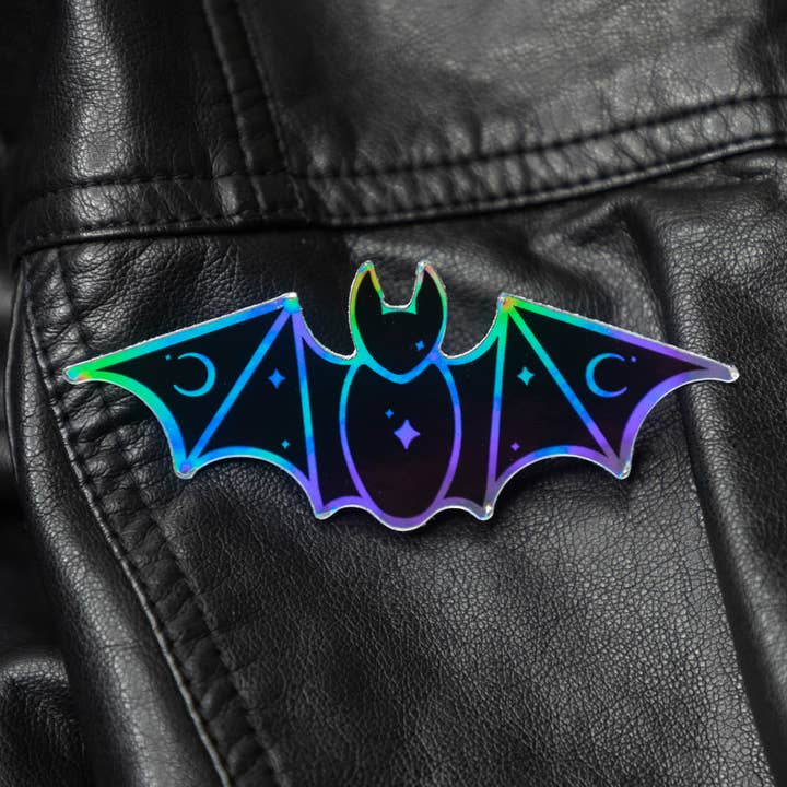 Starry Bat Dark Holographic Vinyl Sticker for wholesale by Crinkle Crow Studio