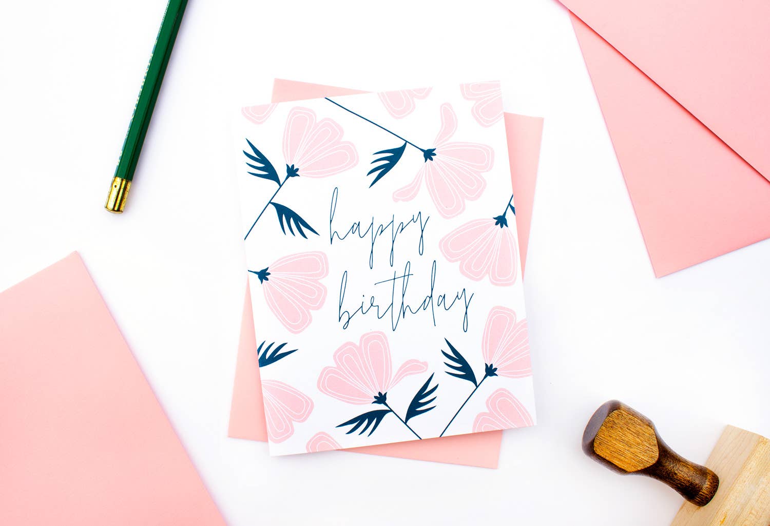 Klinger Creative - Wholesale Birthday Card - Pink Poppies Birthday Card Script Flowers Garden Minimal A22