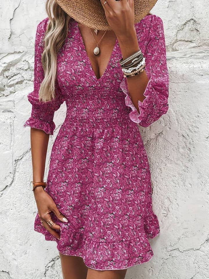Lily Clothing - Wholesale Dress - Women's - Boho print short sleeve floral mid-length dress