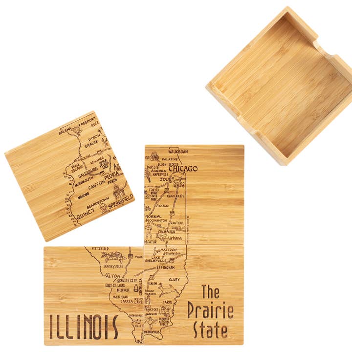 Illinois Puzzle 4-Pc. Coaster Set with Case for wholesale by Totally Bamboo