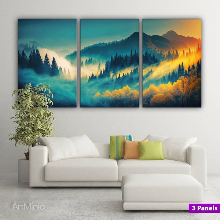 Impression sur toile, brume mystique dans la forêt, coucher de soleil pour la vente par Artorang